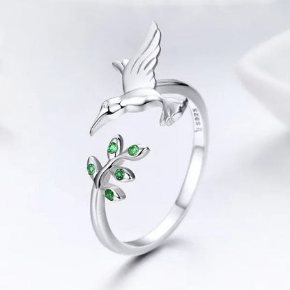 Hot Cute Bird Animal Open Ring 925 Sterling Silver Green Zircon Leaf Ring For Women Fashion Jewelry Gift