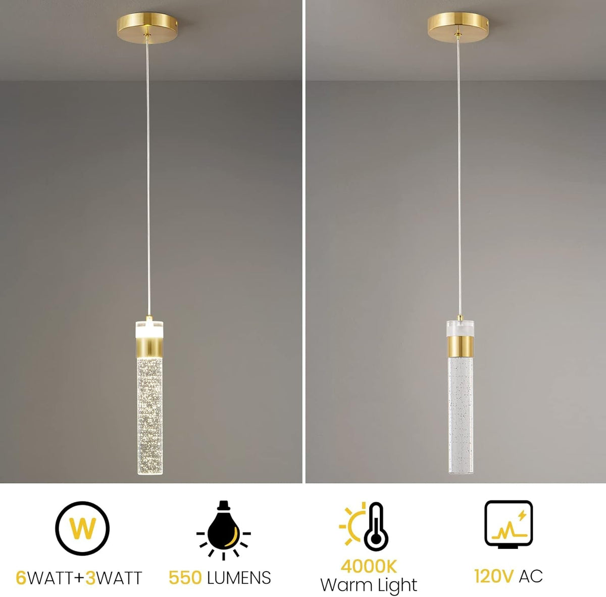 Gold Pendant Light Crystal Pendant Light Fixtures for Kitchen Island Lighting 4000K LED Modern Adjustable Chandelier Hanging Bubble Pendant Lighting (1Pack)