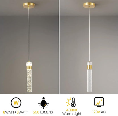 Gold Pendant Light Crystal Pendant Light Fixtures for Kitchen Island Lighting 4000K LED Modern Adjustable Chandelier Hanging Bubble Pendant Lighting (1Pack)