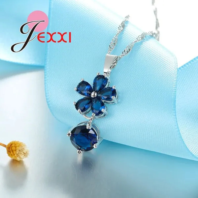 Flower Blue Crystal Sterling Silver Women Trendy Necklace Earrings Ring Bridal Wedding Jewelry Set