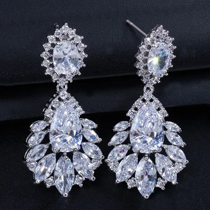 Gloriya Vintage Exquisite Marquise Silver Plated Jewelry Tear Drop Green Wedding Long Hanging Earrings with CZ Zirconia for Bride