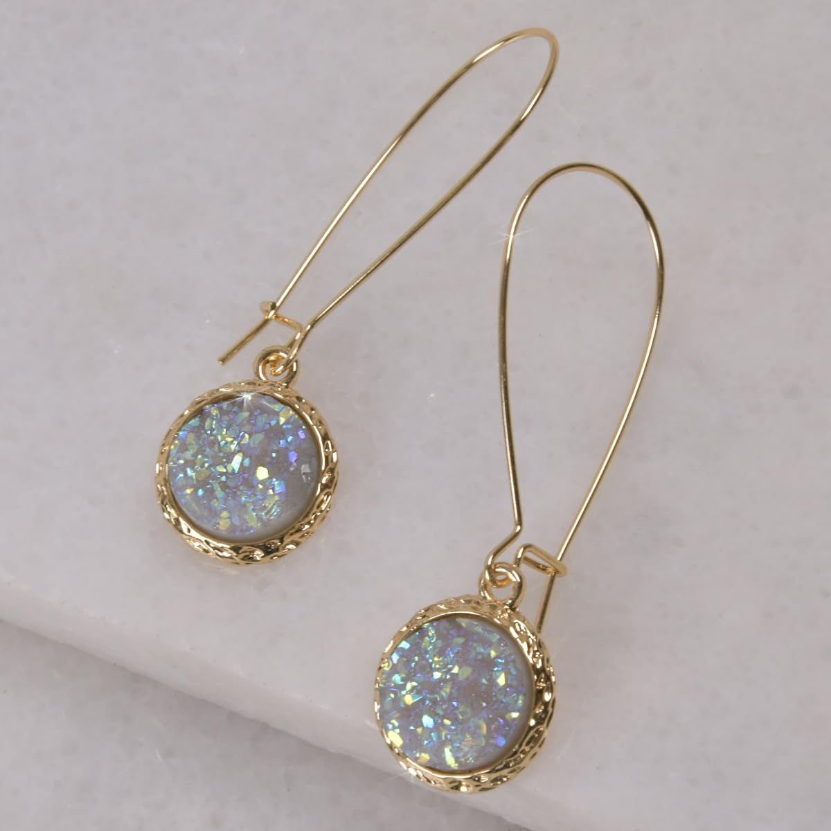 Humble Chic Simulated Druzy Threader Drop Earrings for Women - Gold, Silver, or Rose Gold Tone Trendy Boho Dangles with Sparkly round Stone