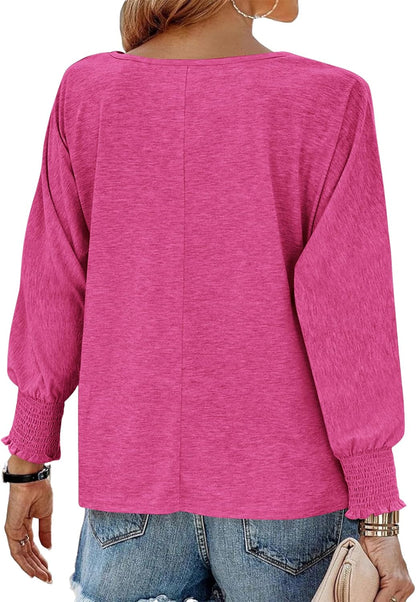 Womens Long Sleeve Tops Fall Outfits 2024 Dressy Casual Crew Neck Tee Shirts Smocked Loose Top Tunic Blouse