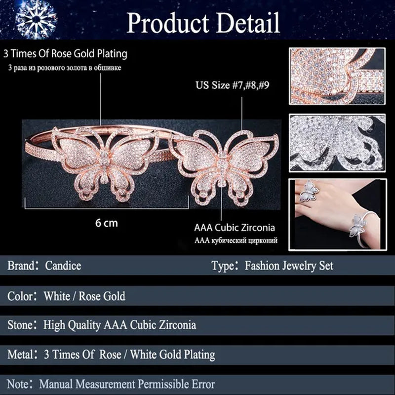 CANDICE High Quality Rose White Gold Plated Full Pave Tiny Crystal Stone Big Butterfly Shape Ring and Bangle Bracelet Party Jewelry Set for Women Christmas Gift