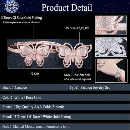CANDICE High Quality Rose White Gold Plated Full Pave Tiny Crystal Stone Big Butterfly Shape Ring and Bangle Bracelet Party Jewelry Set for Women Christmas Gift