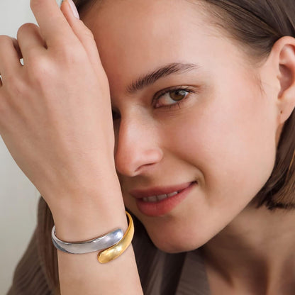 Two-Tone Cuff Bracelet for Women Dainty Teardrop Open Bangle Gold Plated Adjustable Cuff Bracelet