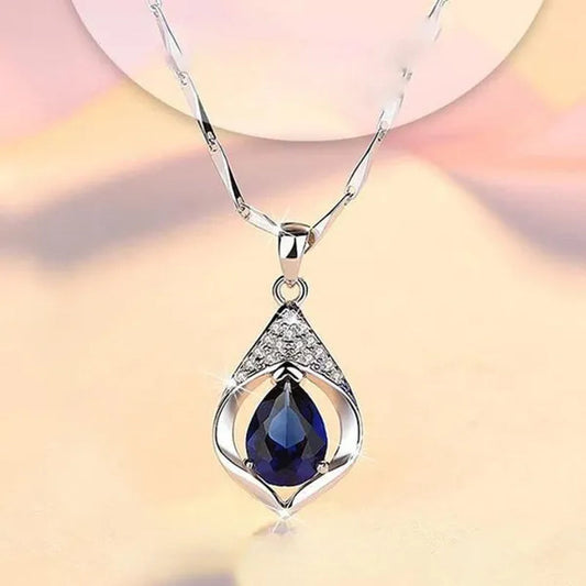 Fine Elegant Bridal Wedding Clavicle Necklace for Women Engagement Wedding Jewelry Gift Teardrop Blue Sapphire Necklace