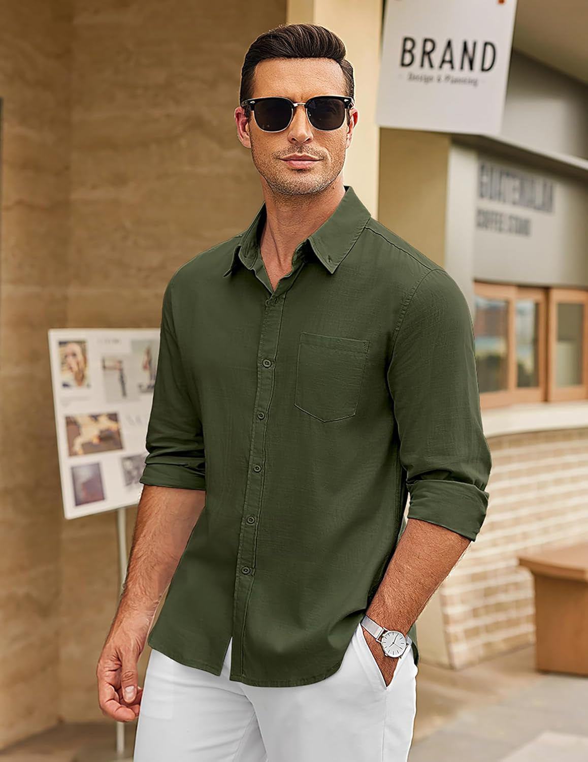 Men'S Long Sleeve Button down Shirts Casual Cotton Linen Shirts Summer Beach Shirt with Pocket