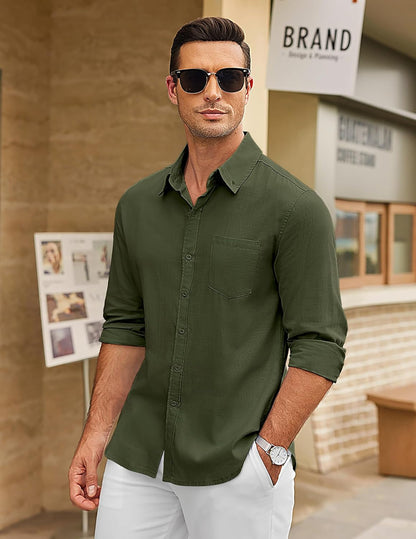 Men'S Long Sleeve Button down Shirts Casual Cotton Linen Shirts Summer Beach Shirt with Pocket