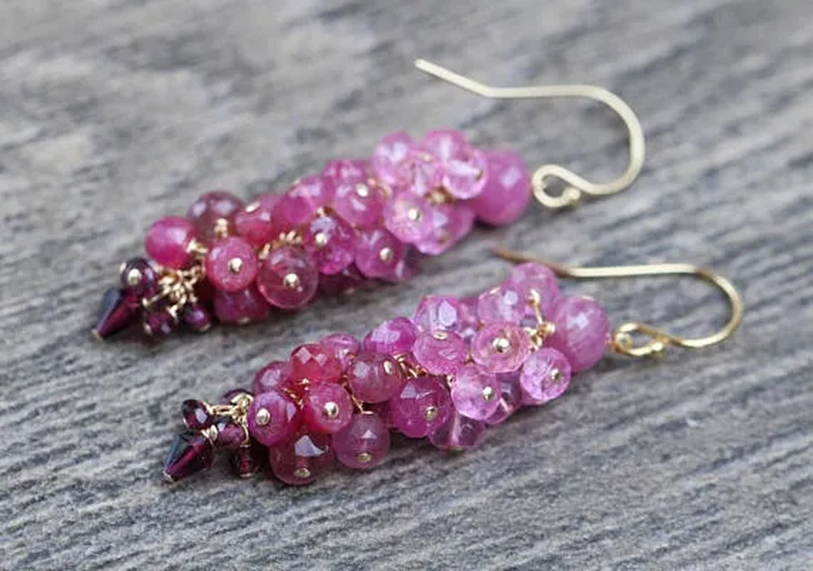Pink Topaz Earrings Ruby Cluster Earrings Pink Tourmaline Earrings
