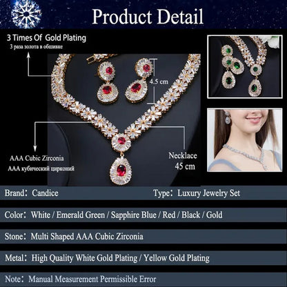 CANDICE African Gold Plating Hand-Inlay CZ Pendant Necklace and Earrings Gorgeous Dubai Women Wedding Party Tear Drop Jewelry Set with Red Crystal