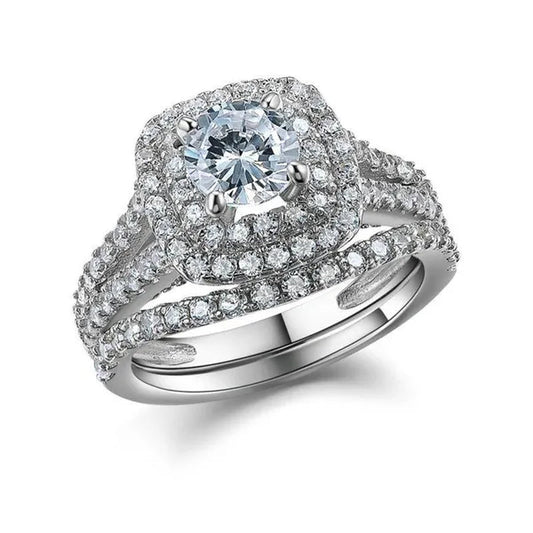 Newshe Vintage Wedding Ring Sets AAAAA Cubic Zirconia Double Halo Engagement Rings for Women Solid 925 Sterling Silver Sz 4.5-13