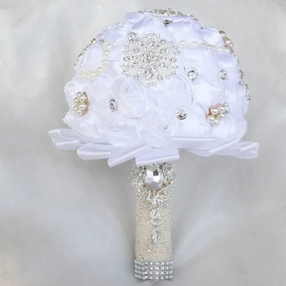 20CM Mixed Color Silk Ribbon Rose Wedding Flower Bouquet Luxury Pearl Crystal Brooch Bridal Bouquet Handmade Creative Bridesmaid Holding Flowers