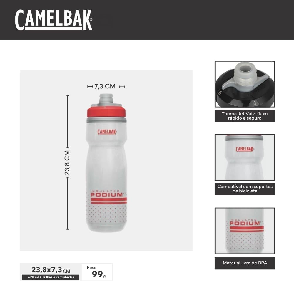 Podium Chill Insulated Bike Water Bottle - Easy Squeeze Bottle - Fits Most Bike Cages - 21Oz, Fiery Red/White