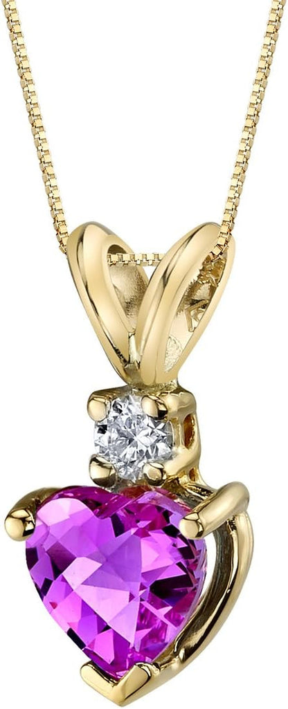 Created Pink Sapphire with Genuine Diamond Pendant in 14 Karat Yellow Gold, Heart Shape Solitaire, 6Mm, 1.15 Carats Total, September Birthstone Necklace, Sparkling Sapphire Jewelry