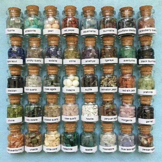 40 Mini Gemstone Bottles Chip Crystal Healing Tumbled Gem Reiki Wicca Stones Set