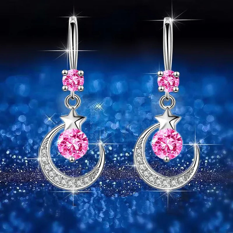 Female Fashion Star Moon Earrings Silver Plated Pink Blue White Cubic Zirconia Dangle Earrings Bride Wedding Engagement Anniversary Valentine's Day Gift Jewelry