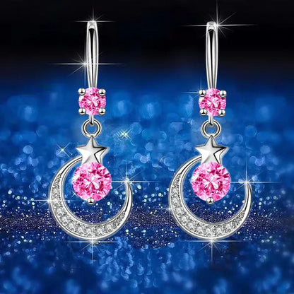 Female Fashion Star Moon Earrings Silver Plated Pink Blue White Cubic Zirconia Dangle Earrings Bride Wedding Engagement Anniversary Valentine's Day Gift Jewelry