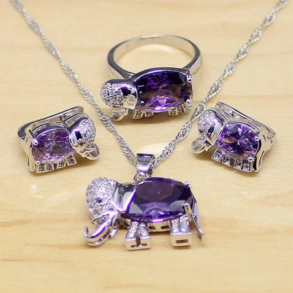 Elephant Shaped Purple Amethyst White Topaz 925 Sterling Silver Jewelry Sets Women Earrings/Pendant/Necklace/Rings