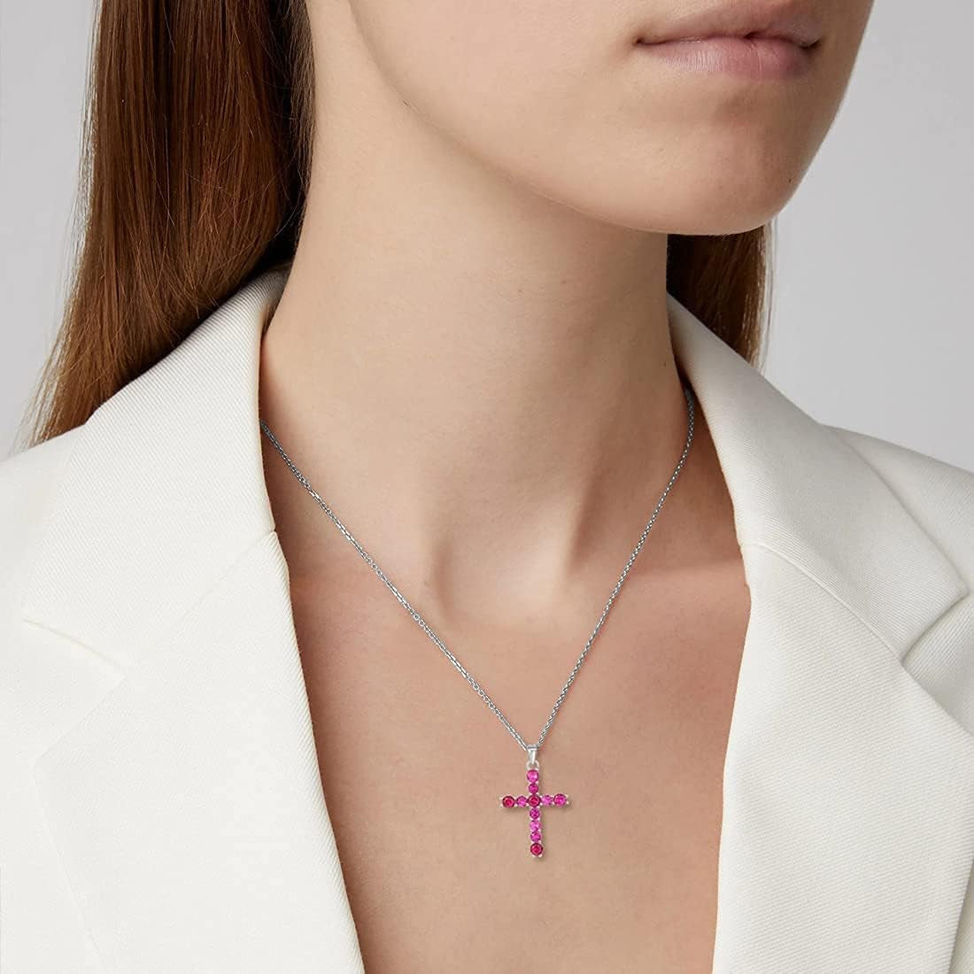 Gemstone Cross Necklace 925 Sterling Silver Created Birthstone Cross Prong Pendant Necklace Faithful Gift Ideas Fine Jewelry for Her Girlfriend Women Girls, 16" + 2" Extender