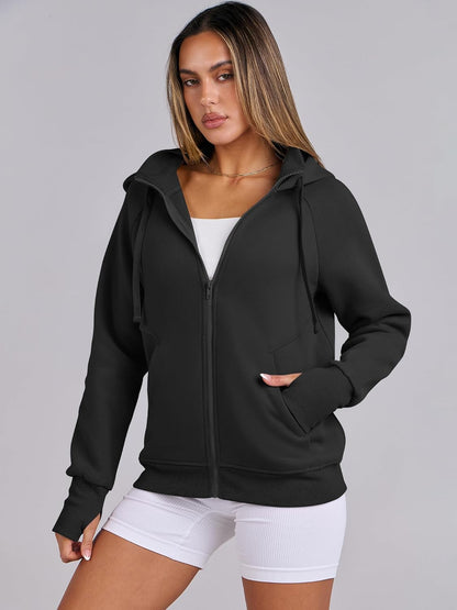 Womens Zip up Hoodies Fleece Jackets Long Sleeve Sweatshirts Pockets Casual Fall Fashion Preppy Outfits Y2K Clothes