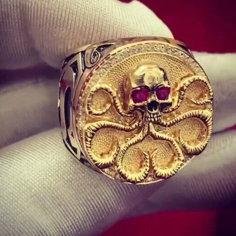 New Fashion Domineering Men's 18K Gold Ring Natural Sapphire Men's Diamond Ring Hand-carved Gold Skull Sea Monster Male Ring Men's Birthday Gift Party Jewelry Size 5-14