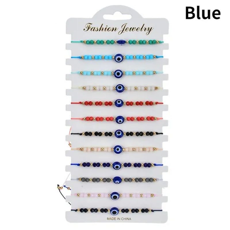 12 Pcs/Lot Fashion Colorful Evil Eye Beaded Bracelets Handmade Braided Adjustable Yoga Bracelet for Women Men Jewelry