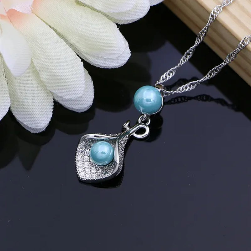 Luxury 925 Silver Bridal Jewelry Sets White Topaz Pearls Bead Charm for Women Party Horn Design Ring Bracelet Set