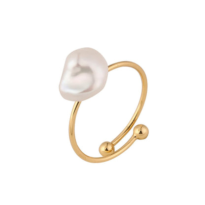 Natural Freshwater Baroque Pearl Ring for Women, Dainty Minimalist Adjustable Rings Band Gold Pearl Charm Ring Jewelry Anniversary Gift for Mom Lover Her (14K Gold Plated)