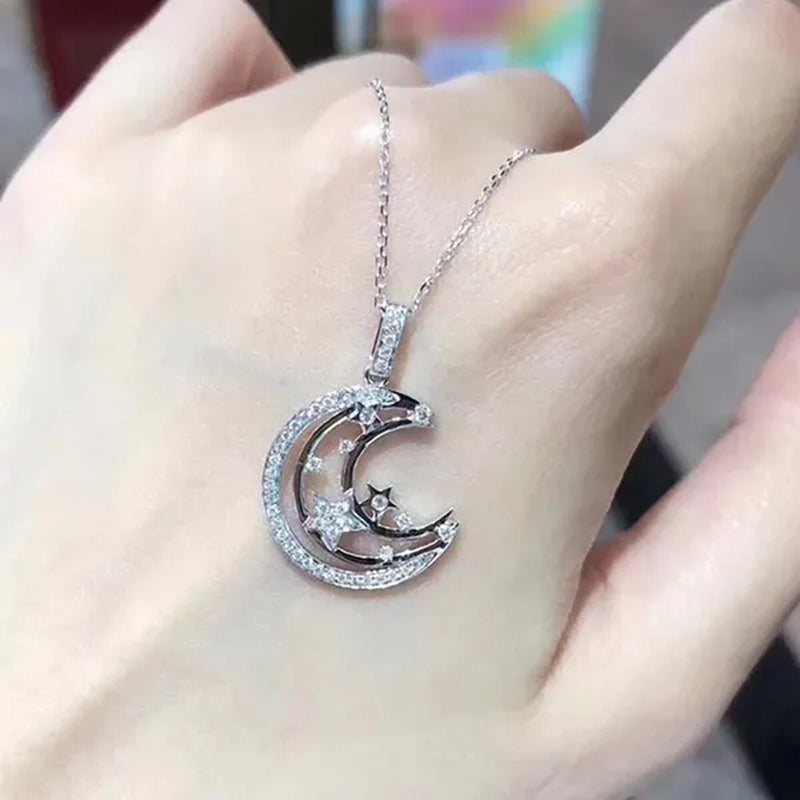 New Luxury Hollow Out Half Moon Zircon Pendant Necklace Silver Plated Engagement Wedding Elegant Clavicle Necklace for Women Fashion Necklaces Anniversary Gift