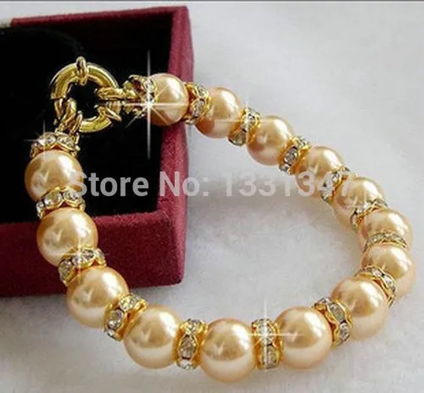 Hot sales 10mm gold south sea shell pearl crystal bracelet 7.5 fashion jewelry