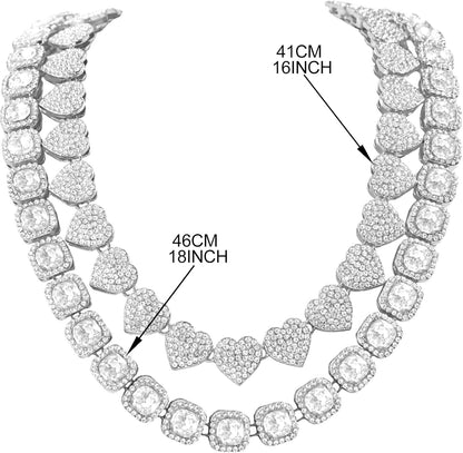 Women'S 18+20'' Zinc Necklace, Clustered Diamond Tennis Chain & Heart Necklace Set, Hip Hop Jewelry, Gold, Cuban Link, for Female, Gifts