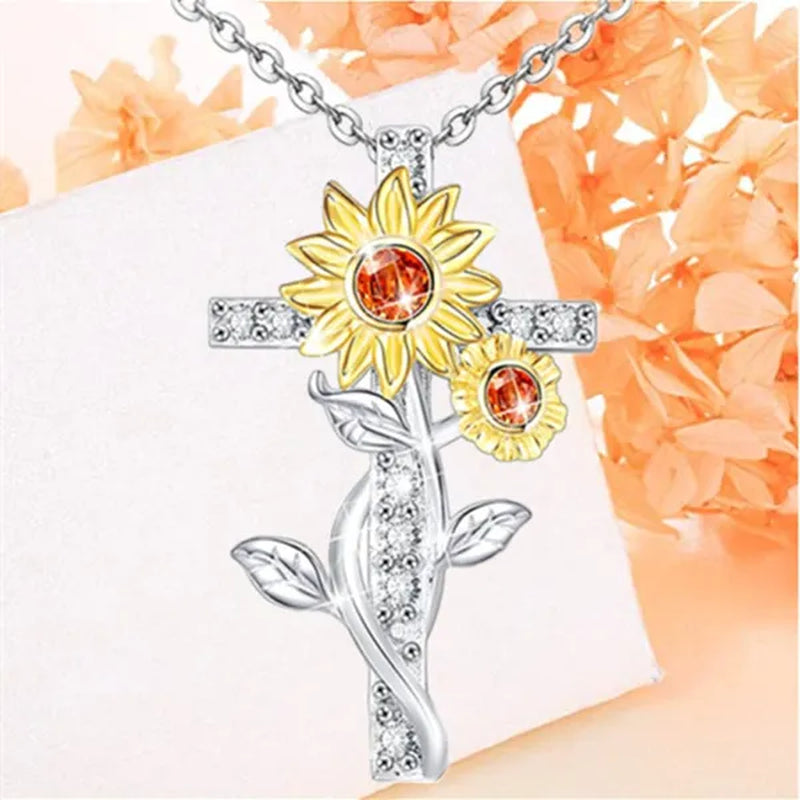 Exquisite Women's Creative Cross Sunflower Necklace Diamond Cross Necklace Couple Jewelry Luxury Diamond Pendant Necklaces for Women Wedding Banquet Birthday Anniversary Gift