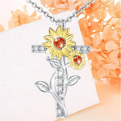 Exquisite Women's Creative Cross Sunflower Necklace Diamond Cross Necklace Couple Jewelry Luxury Diamond Pendant Necklaces for Women Wedding Banquet Birthday Anniversary Gift