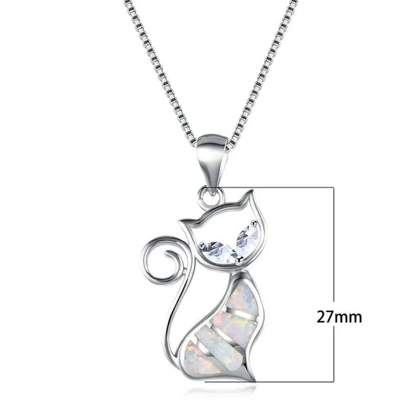 Fashion Elegant 925 Silver White Fire Opal Sapphire Cat Pendant Necklace Womens Jewelry Gifts