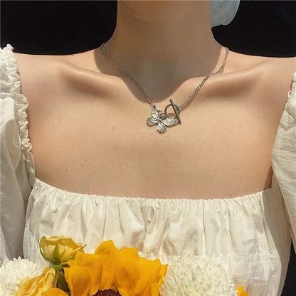 Dainty Simple Boho Steel Chain Necklace Choker Silver Butterfly Pendant Necklaces for Women