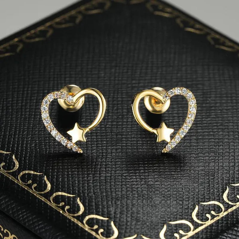 Gold  Love Heart Star White Sapphire Diamond Stud Earrings for Women Wedding Engagement Bride Jewelry Gift