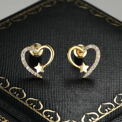 Gold  Love Heart Star White Sapphire Diamond Stud Earrings for Women Wedding Engagement Bride Jewelry Gift