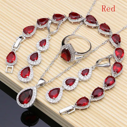 Water Drop 925 Sterling Silver Jewelry Red Ruby White Topaz Jewelry Sets Women Earrings/Pendant/Necklace/Rings/Bracelet