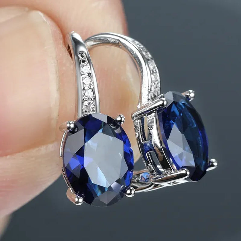 1Pair 925 Sterling Silver 14K White Gold Hoop Earrings New Fashion Oval Cut Aquamarine Amethyst Topaz Sapphire Diamond Earrings Drop Dangle Earrings Gift