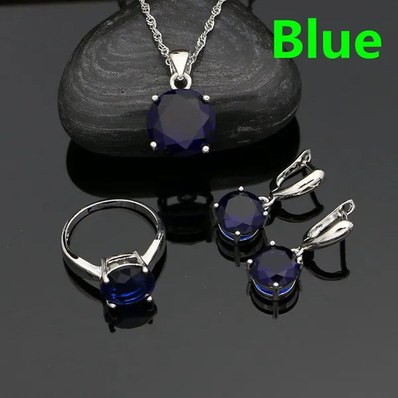 925 Sterling Silver Jewelry Sets Green Emerald Earrings Ring Pendant Neckalce round Jewelry Women Accessories