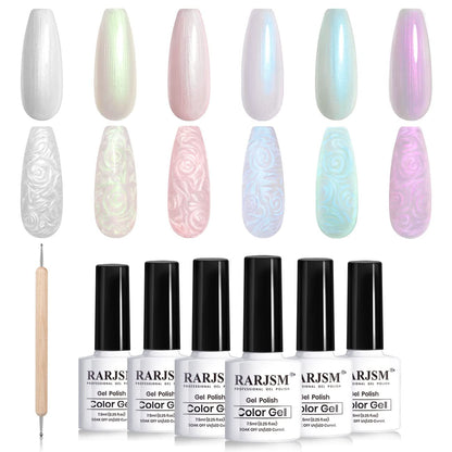 Pearl Gel Nail Polish Set Clear Shell Glitter Gel Polish 6 Colors Pearlescent Pink White Blue Purple Silver Gold Shimmer Mermaid Swirl Thread Effect LED UV Soak Off Curing Requires Home Salon
