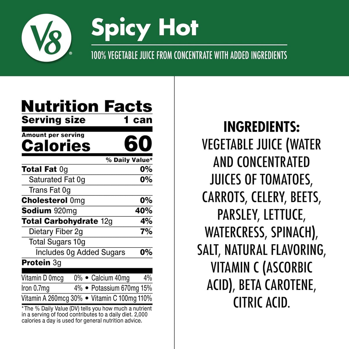 Spicy Hot 100% Vegetable Juice, 11.5 Fl Oz Can (24 Pack)