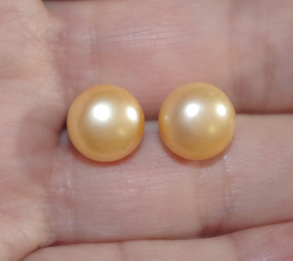 Quality Golden Champagne Pearl Semi round Dome Button 10 MM Stud Earrings 14K Gold Filled