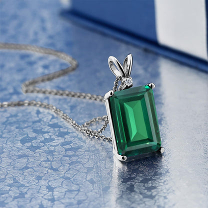 14X10MM Emerald Cut Gemstone Birthstone and White Diamond Necklace | 925 Sterling Silver | Pendant Necklace for Women | with 18 Inch Silver Chain