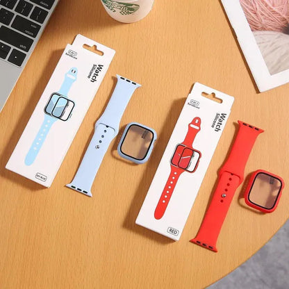 LEIXIUER Tempered Glass with Case Sport Silicone Strap for Smart Watch series  8 7 6 SE 2 3 4 5 1 for Smart Watch45mm 41mm 44mm 40mm 38mm 42mm 44 mm Sport Soft screen protector band bracelet（ Case and strap are packaged separately !）