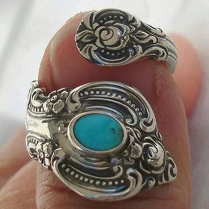 Creative Flower Rose 925 Sterling Silver Ring Europe and America Exaggerated Retro Turquoise Ring Marriage Engagement Wedding Anniversary Birthday Party Ladies Jewelry