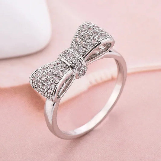 Delysia King Women's Fashion Bow Natural Gemstone White Sapphire Birthstone Bride Princess Engagement Ring Size 5 6 7 8 9 10 11