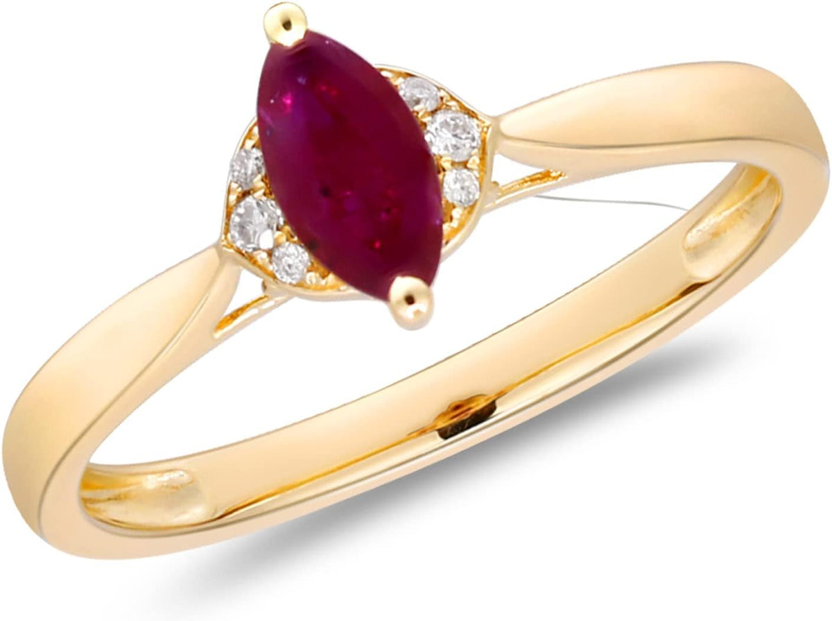 14K Yellow Gold Mozambique Genuine Ruby Ring with Diamonds for Women | Ethically, Authentically & Organically Sourced (Marquise-Cut) Shaped Ruby Hand-Crafted Jewelry for Her | Ruby Ring for Women