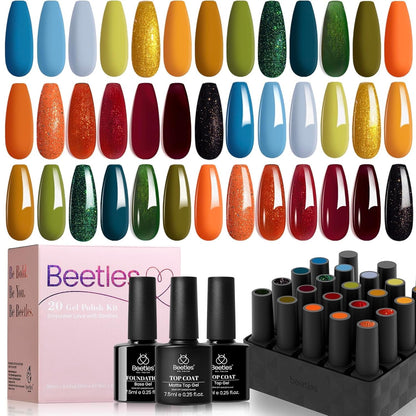 Beetles 23Pcs Gel Nail Polish Kit with Glossy Matte Top Coat and Base Coat Girls Night Collection White Nude Gray Glitters Gel Nail Polish Set U V Soak Off Holiday Manicure for Women Girls